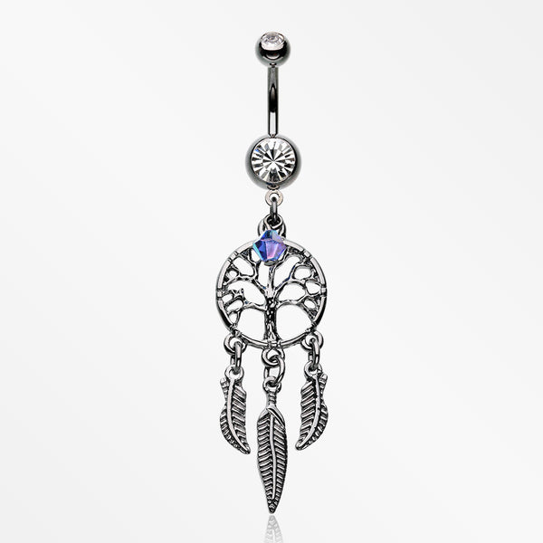 The Tree of Life Dreamcatcher Feather Hematite Belly Button Ring-Hematite/Clear
