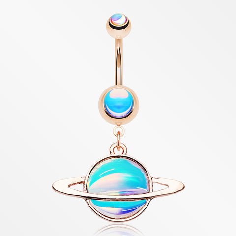Rose Gold Iridescent Galaxy Planet Belly Button Ring-Rainbow/Multi-Color