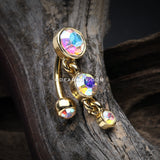 Golden Brilliant Sparkle Triple Gem Reverse Belly Button Ring-Aurora Borealis