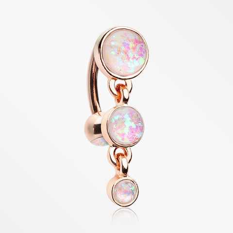Rose Gold Opalescent Sparkle Triple Gem Reverse Belly Button Ring-White