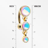 Golden Irisdescent Sparkle Triple Gem Reverse Belly Button Ring-Rainbow/Multi-Color