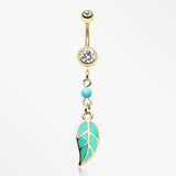Golden Vibrant Charming Leaf Belly Button Ring-Clear