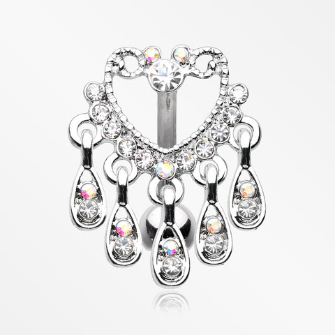 Heart Sparkle Chandelier Reverse Belly Button Ring-Clear/Aurora Borealis