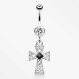 Iron Cross Diamante Sparkle Belly Button Ring-Clear/Black