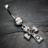 Iron Cross Diamante Sparkle Belly Button Ring-Clear/Black