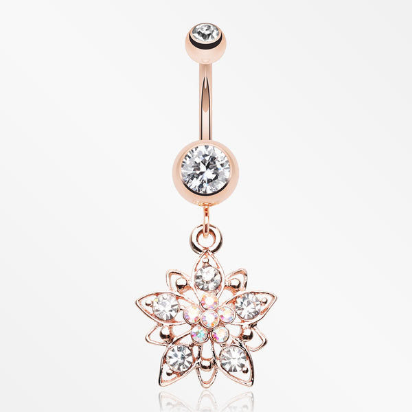 Rose Gold Luscious Flower Sparkle Belly Button Ring-Clear/Aurora Borealis