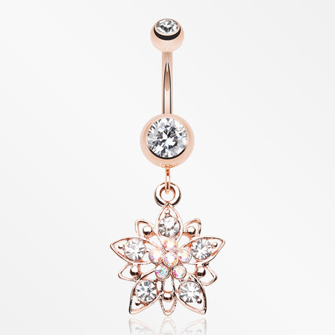 Rose Gold Luscious Flower Sparkle Belly Button Ring-Clear/Aurora Borealis