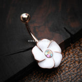 Rose Gold White Hibiscus Flower Sparkle Belly Button Ring-Aurora Borealis/White
