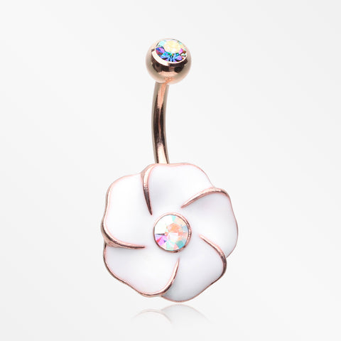 Rose Gold White Hibiscus Flower Sparkle Belly Button Ring-Aurora Borealis/White