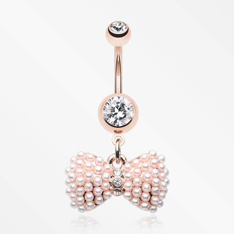 Rose Gold Pearlescent Bow-Tie Sparkle Belly Button Ring-Clear