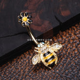 Golden Bumblebee Daisy Top Belly Button Ring-Clear/Aqua