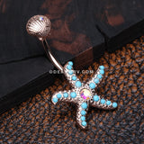 Rose Gold Turquoise Starfish Shell Top Belly Button Ring-Aurora Borealis/Turquoise