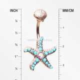 Rose Gold Turquoise Starfish Shell Top Belly Button Ring-Aurora Borealis/Turquoise