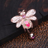 Rose Gold Vintage Floral Wasp Reverse Belly Button Ring-Pink/Aurora Borealis