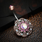 Vintage Rustica Filigree Floral Sparkle Belly Button Ring-Copper/Purple/Aurora Borealis