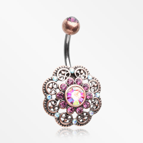 Vintage Rustica Filigree Floral Sparkle Belly Button Ring-Copper/Purple/Aurora Borealis