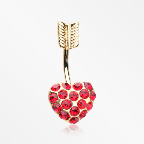 Golden Heart Sparkle Feather Top Belly Button Ring-Red