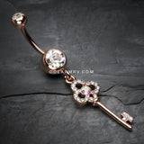 Rose Gold Victorian Skeleton Key Sparkle Belly Button Ring-Clear