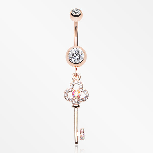 Rose Gold Victorian Skeleton Key Sparkle Belly Button Ring-Clear