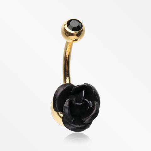 Golden Bright Metal Rose Blossom Belly Button Ring-Black