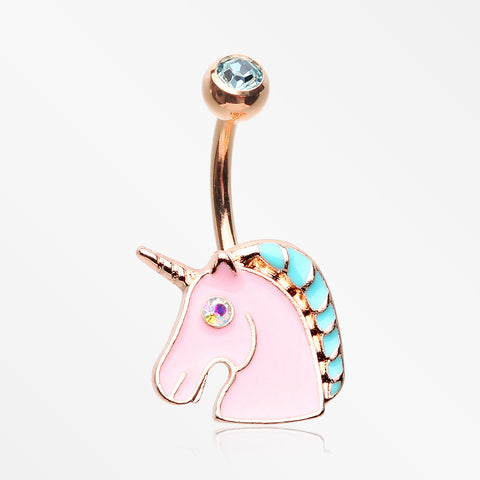 Rose Gold Stay Magical Unicorn Sparkle Belly Button Ring-Aqua