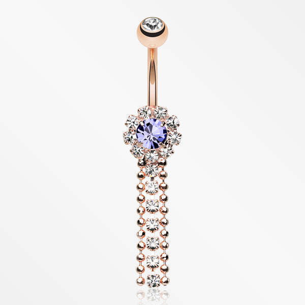 Rose Gold Wonder Sparkle Falls Chandelier Belly Button Ring-Clear/Tanzanite