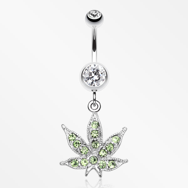 Marijuana Leaf Sparkle Belly Ring-Clear