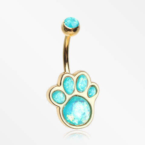 Golden Adorable Paw Print Opalescent Sparkle Belly Button Ring-Teal