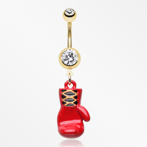 Golden Champ Red Boxing Glove Belly Button Ring-Clear/Red