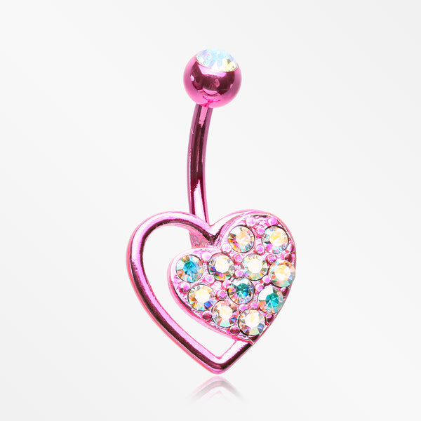 Colorline Sparkle Heart in Heart Belly Button Ring-Pink/Aurora Borealis