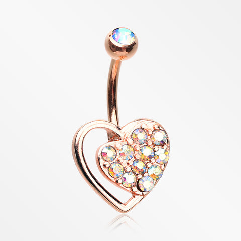 Rose Gold Sparkle Heart in Heart Belly Button Ring-Aurora Borealis