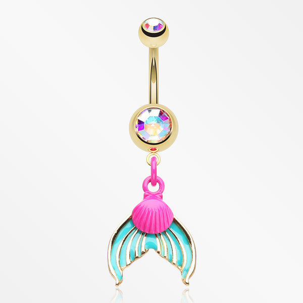 Golden Mystic Mermaid Sparkle Belly Button Ring-Aurora Borealis