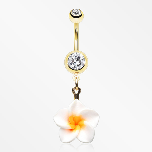 Golden Classic Plumeria Flower Belly Button Ring-Clear