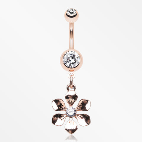 Rose Gold Spring Wild Flower Belly Button Ring-Clear