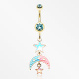 Golden Pastel Princess Stars and Moon Belly Button Ring-Aqua