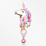 Golden Magical Unicorn Sparkle Reverse Belly Button Ring-Rose Water Opal/Fuchsia
