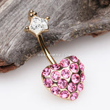 Golden Princess Crown Heart Sparkle Belly Button Ring-Clear/Pink