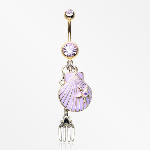 Golden Ariel's Shell with Dinglehopper Fork Belly Button Ring-Violet