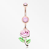 Rose Gold Vintage Pink Rose Flower Sparkle Belly Button Ring-Rose Quartz