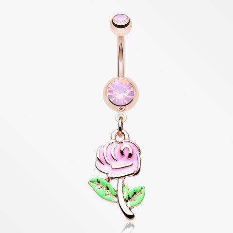 Rose Gold Vintage Pink Rose Flower Sparkle Belly Button Ring-Rose Quartz