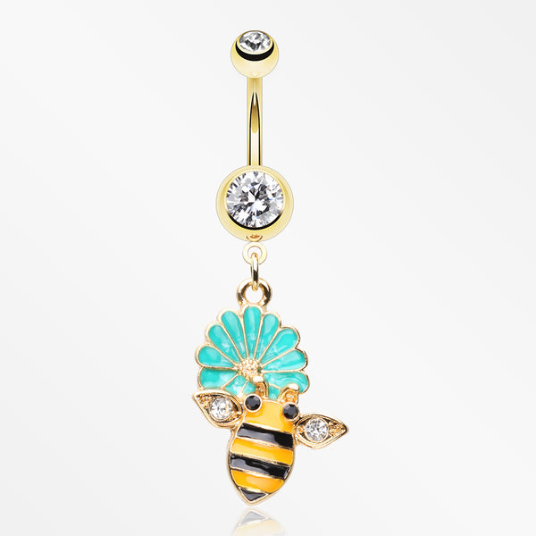 Golden Sweet Daisy Bumble Bee Sparkle Belly Button Ring-Clear