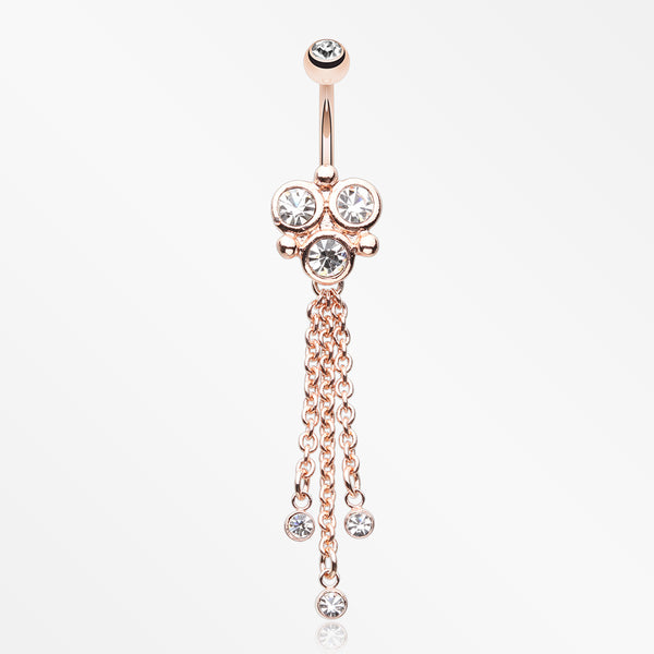 Rose Gold Trinity Sparkle Dangle Belly Button Ring-Clear