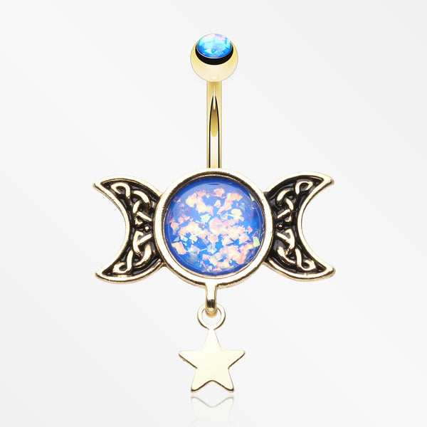 Golden Triple Goddess Opalescent Moon Sparkle Belly Button Ring-Blue