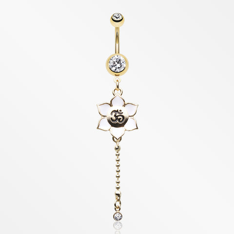 Golden Divine Lotus Om Dangle Belly Button Ring-Clear