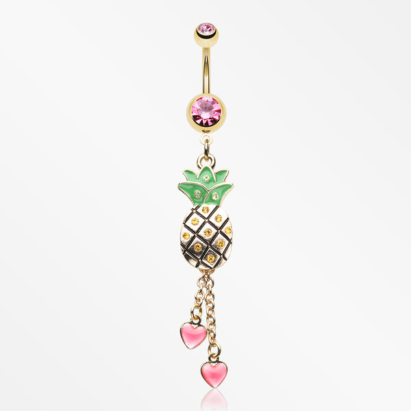 Golden Sparkle Pineapple Hearts Dangle Belly Button Ring-Pink