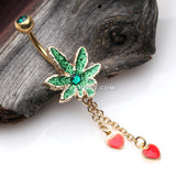 Golden Sparkle Cannabis Pot Leaf Hearts Belly Button Ring-Green