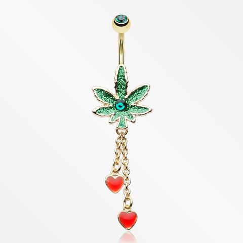 Golden Sparkle Cannabis Pot Leaf Hearts Belly Button Ring-Green