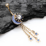 Golden Blue Sparkle Crescent Moon Sun and Stars Belly Button Ring-Clear