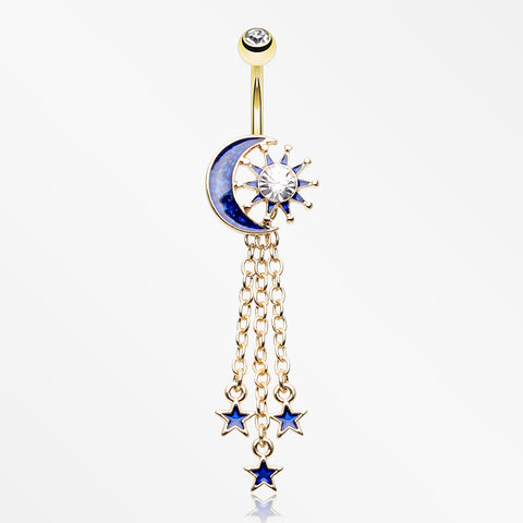 Golden Blue Sparkle Crescent Moon Sun and Stars Belly Button Ring-Clear