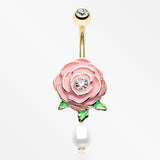 Golden Pink Full Blossom Rose Pearlescent Belly Button Ring-Clear